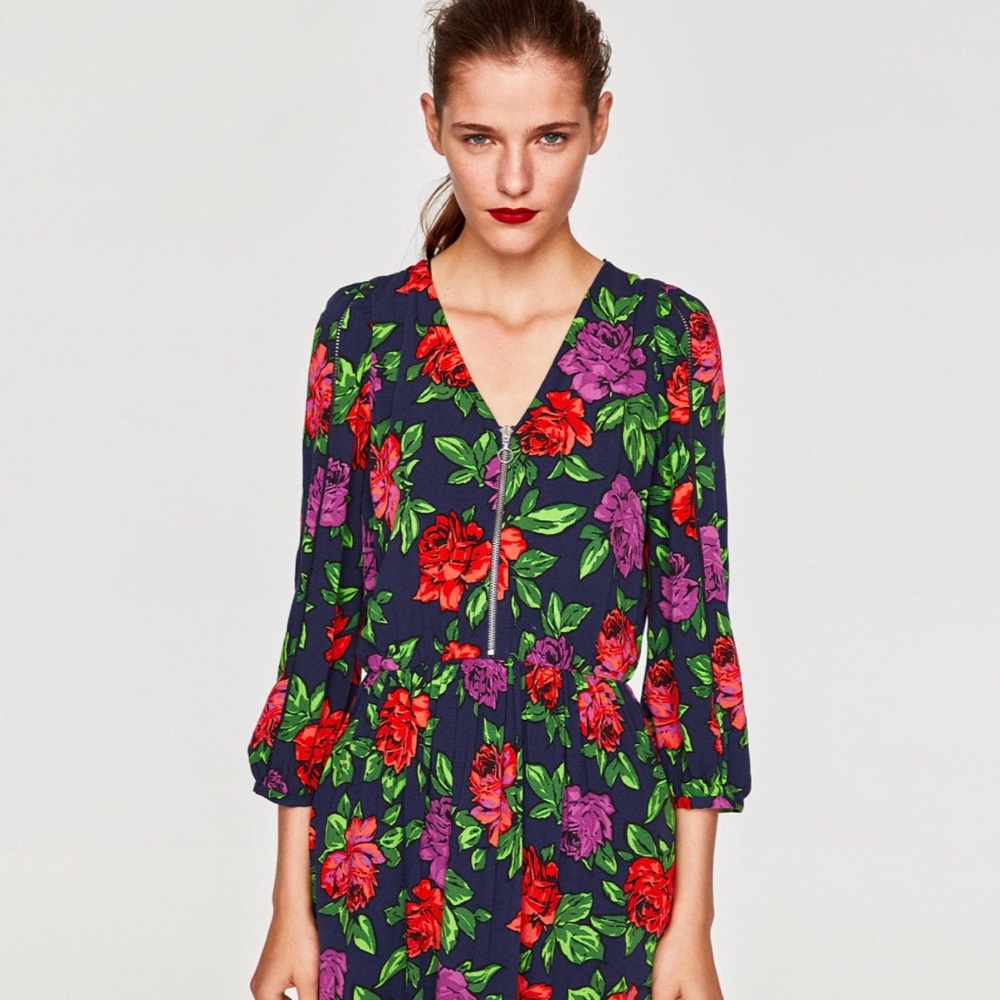 Zara Floral Long Sleeve Dress Sz M Petite